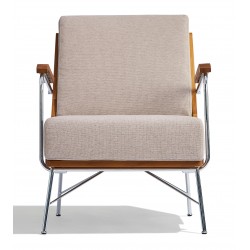 Industriële Daneu fauteuil in notenhout en katoenen bekleding